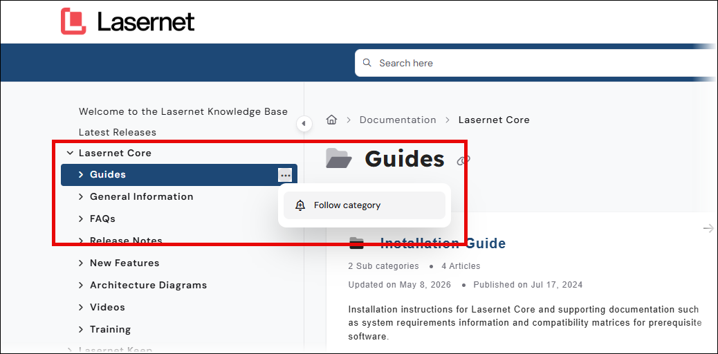 The Follow category menu item for a knowledge base category in the site navigation.